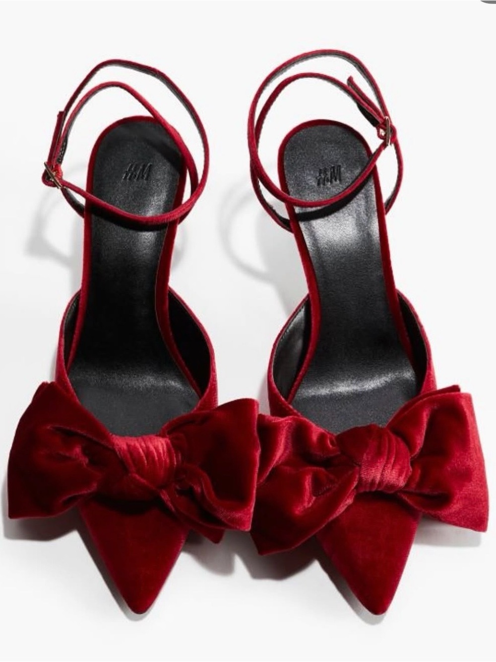 H&M Red Velvet Pointed-Toe Bow Ankle-Strap Heels